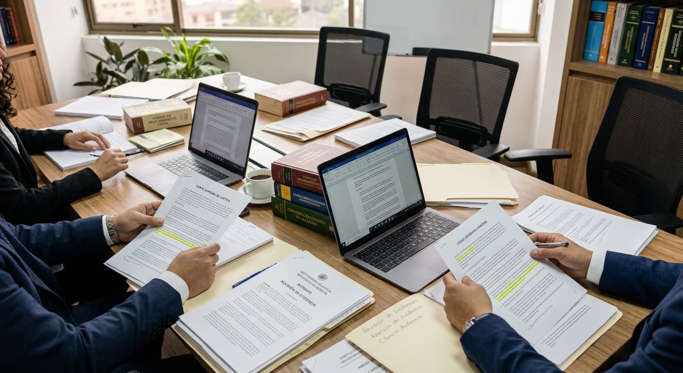 Equipo de abogados de +LEGAL revisando documentos legales colombianos